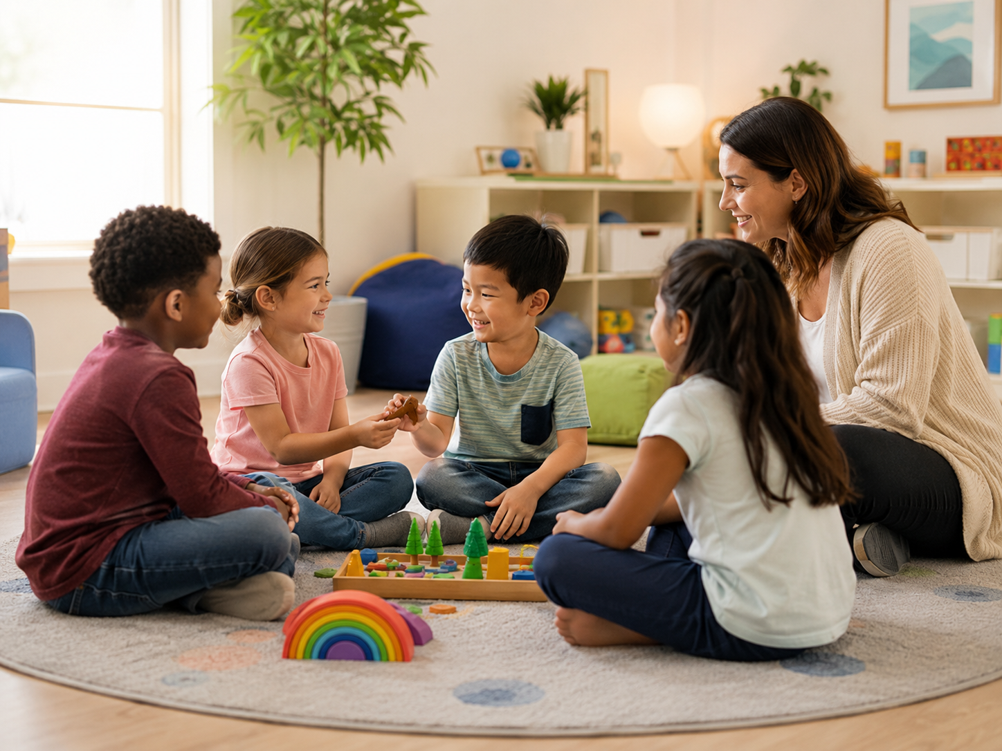 Profissional acompanhando crianças em atividade de habilidades sociais com brinquedos educativos