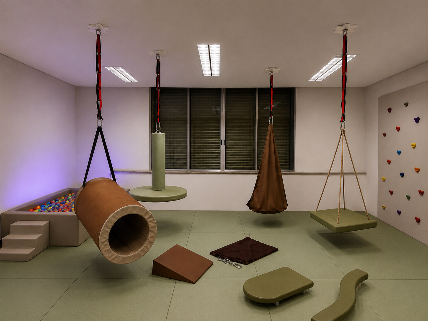 Sala de integração sensorial suspensa com equipamentos terapêuticos